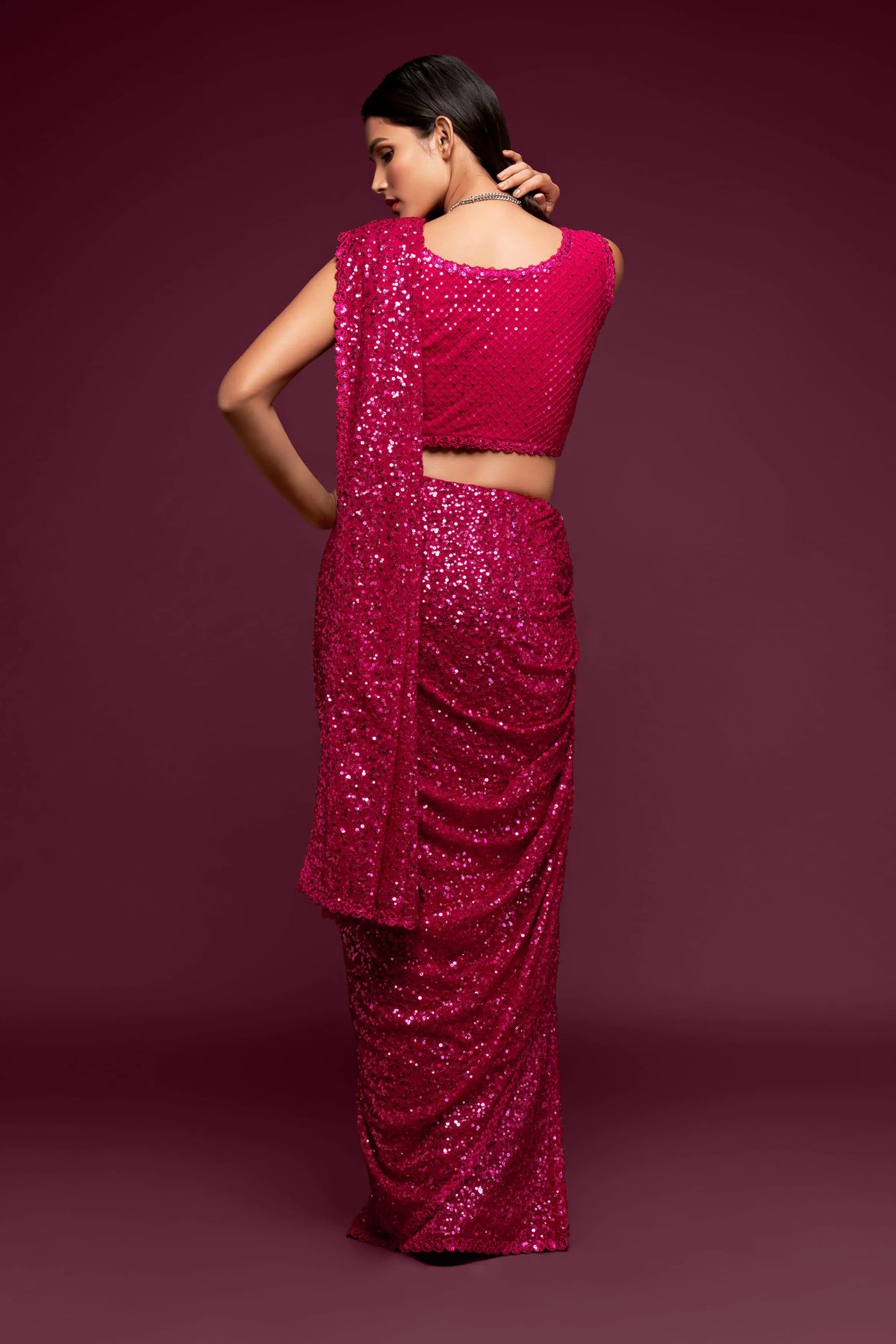 Hot Pink Georgette Saree with Thread And Multiple Sequins Embroidery Work