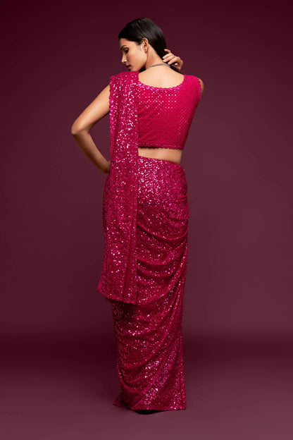 Hot Pink Georgette Saree with Thread And Multiple Sequins Embroidery Work
