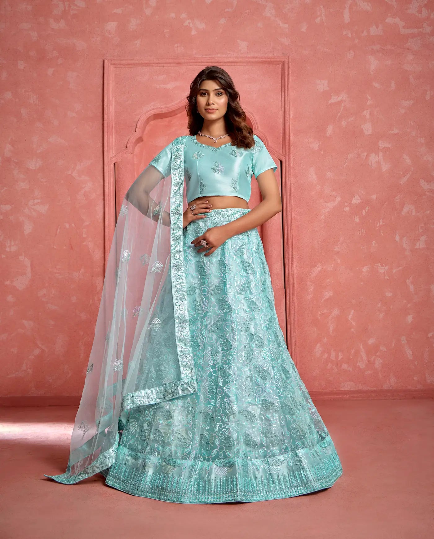 Baby Blue Net Thread & Sequence Embroidery Work Lehenga Choli