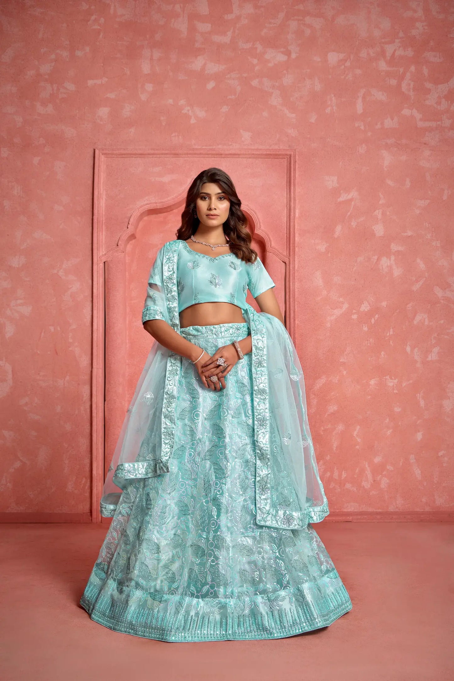 Baby Blue Net Thread & Sequence Embroidery Work Lehenga Choli