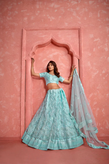 Baby Blue Net Thread & Sequence Embroidery Work Lehenga Choli