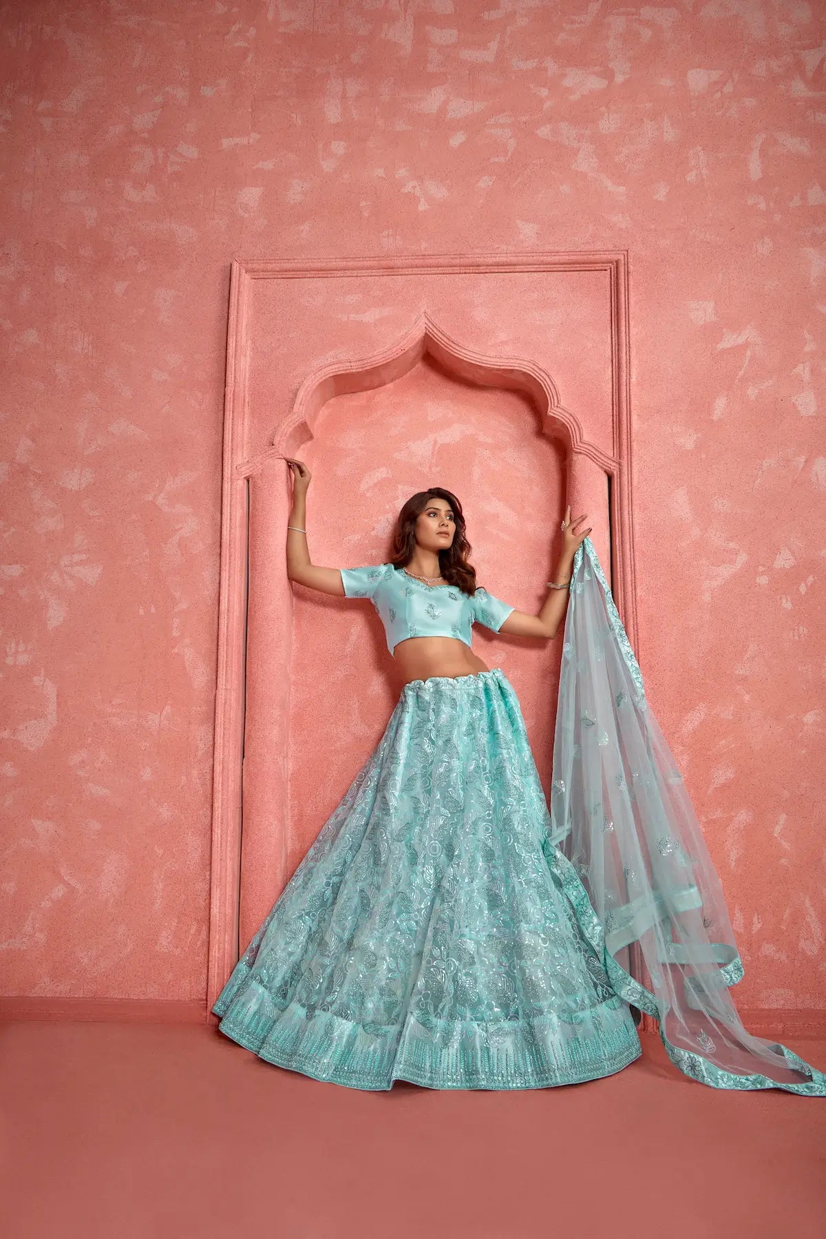 Baby Blue Net Thread & Sequence Embroidery Work Lehenga Choli