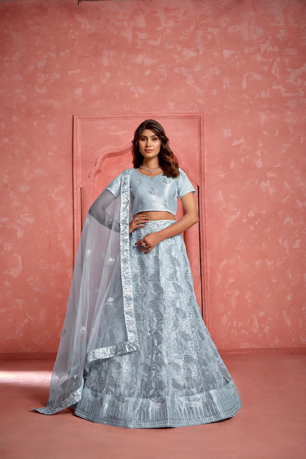 Light Grey Net Thread & Sequence Embroidery Work Lehenga Choli