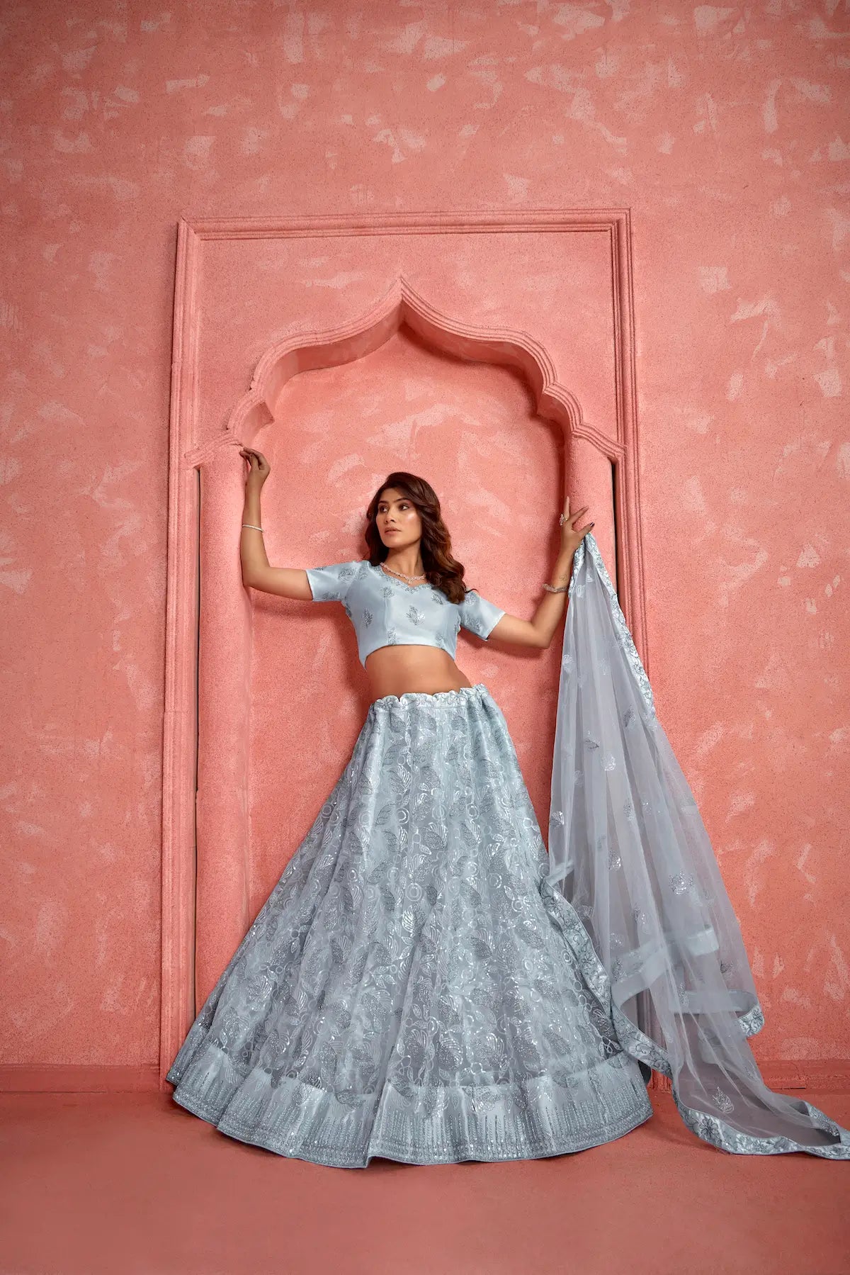 Light Grey Net Thread & Sequence Embroidery Work Lehenga Choli