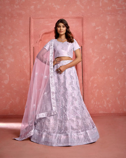 Lavender Net Sequence & thread Embroidery Work Lehenga Choli