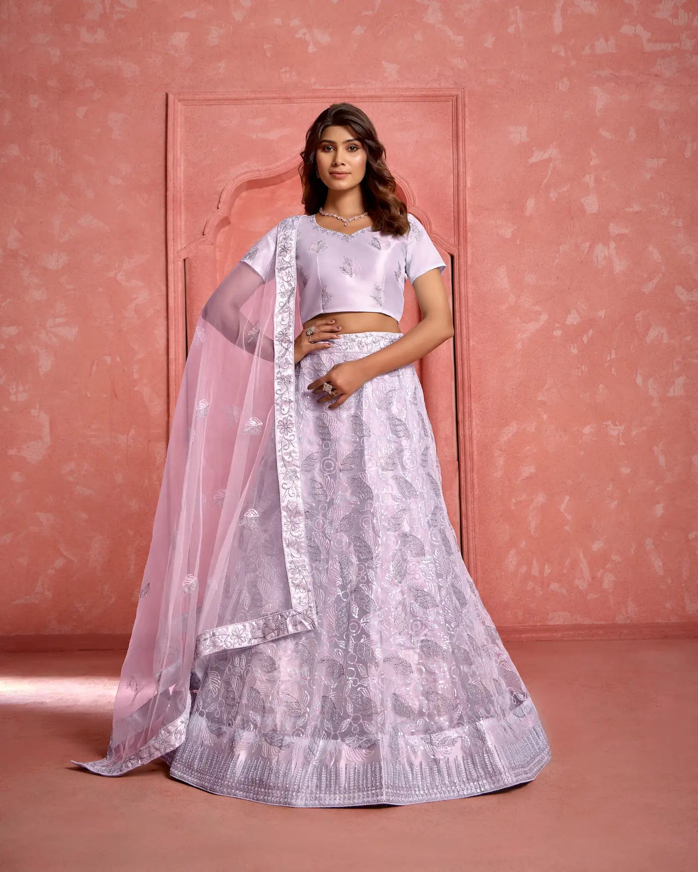 Lavender Net Sequence & thread Embroidery Work Lehenga Choli