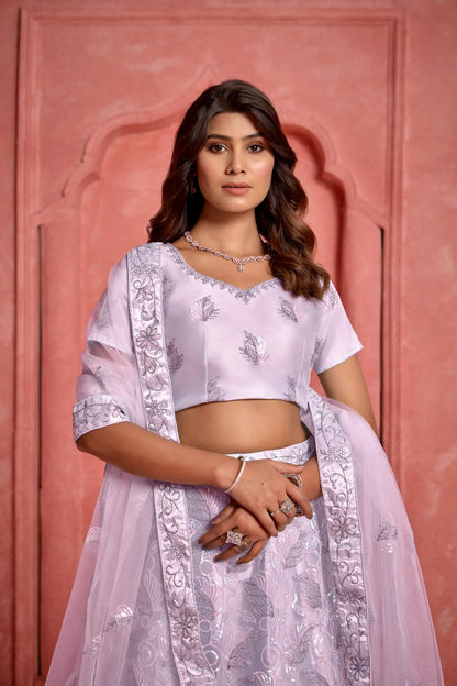 Lavender Net Sequence & thread Embroidery Work Lehenga Choli