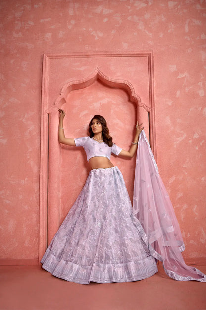 Lavender Net Sequence & thread Embroidery Work Lehenga Choli