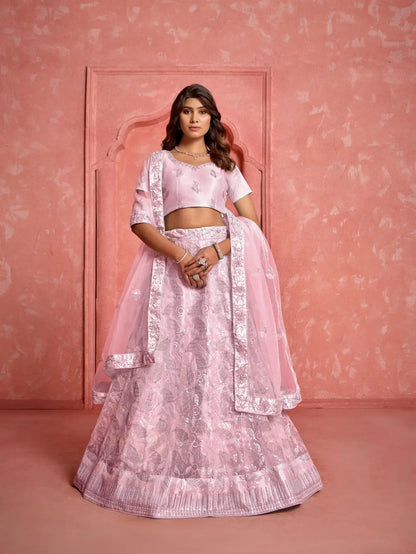 Light Pink Net Sequence & thread Embroidery Work Lehenga Choli