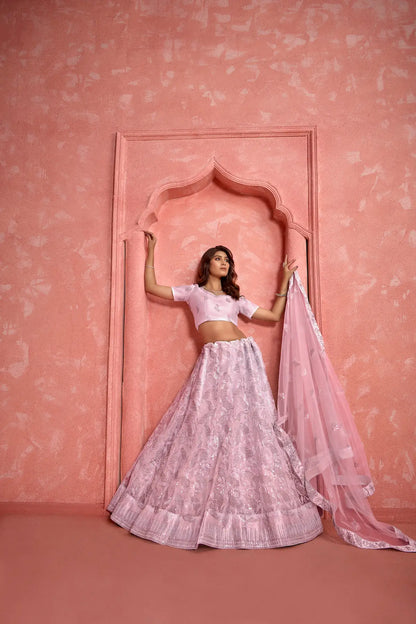 Light Pink Net Sequence & thread Embroidery Work Lehenga Choli