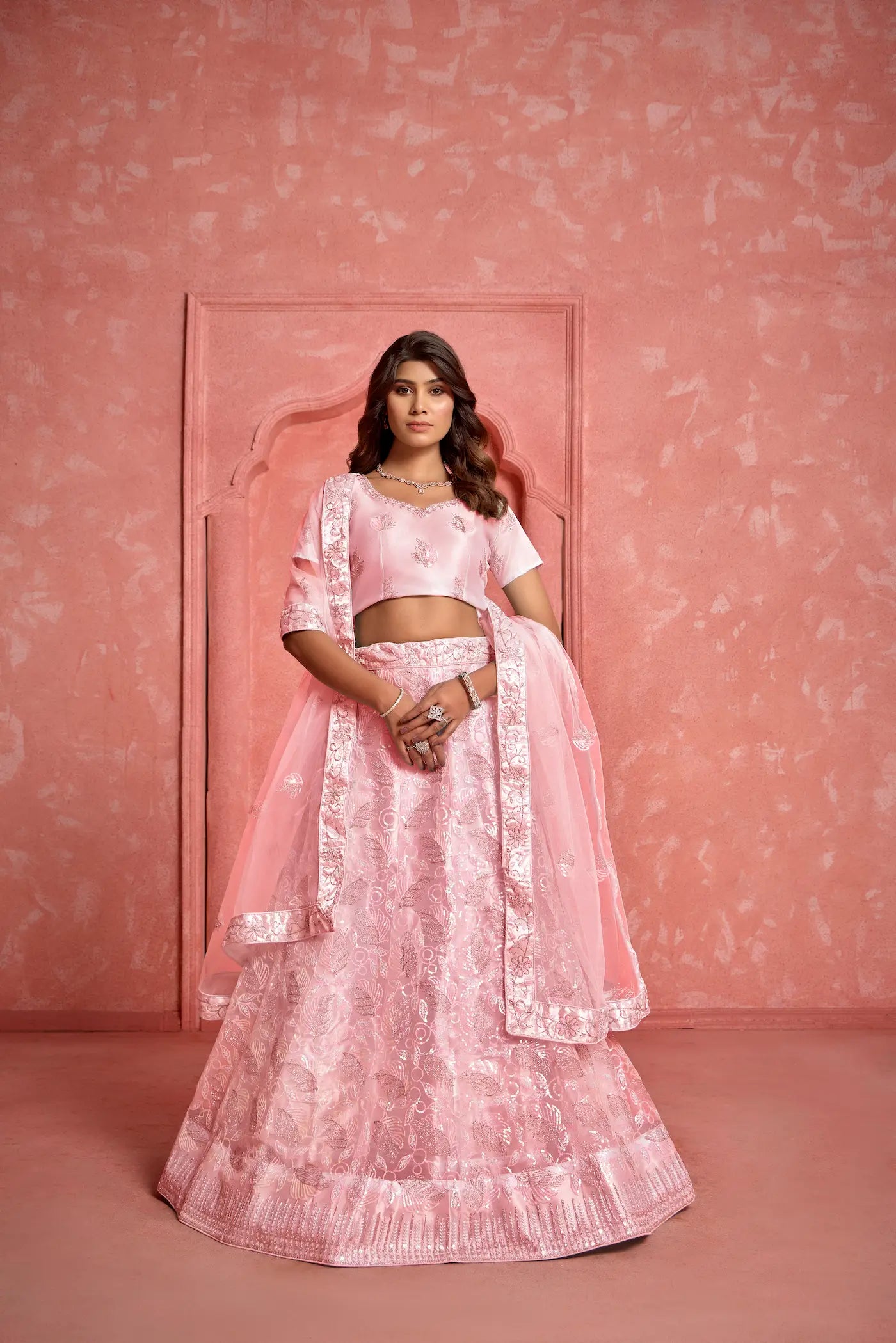 Peach Net Sequence & Thread Embroidery Work Lehenga Choli