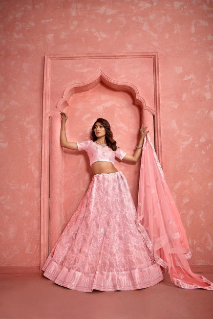 Peach Net Sequence & Thread Embroidery Work Lehenga Choli