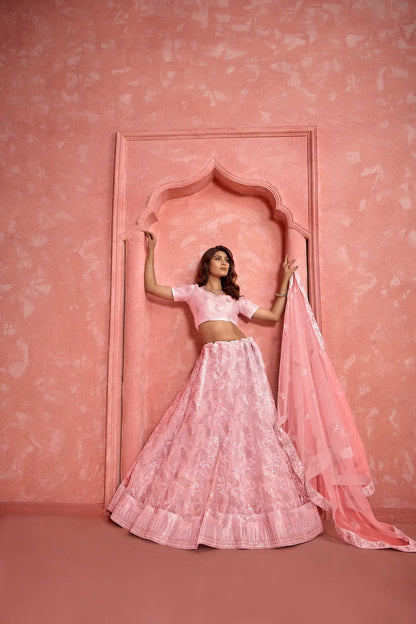 Peach Net Sequence & Thread Embroidery Work Lehenga Choli
