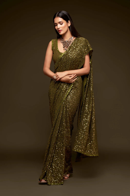 Olive Green Georgette with Thread And Multiple Sequins Embroidery Work