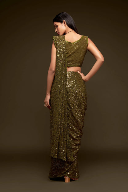 Olive Green Georgette with Thread And Multiple Sequins Embroidery Work
