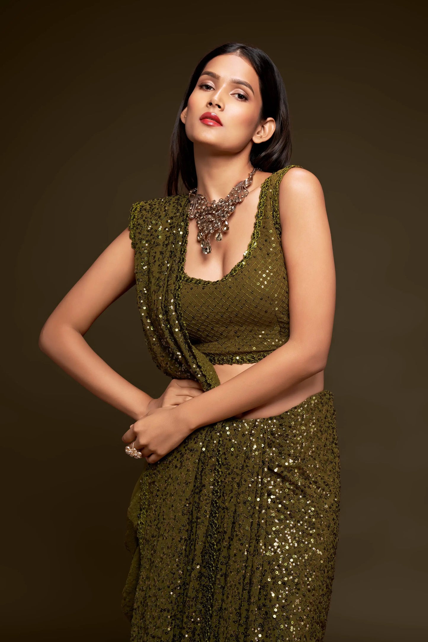 Olive Green Georgette with Thread And Multiple Sequins Embroidery Work