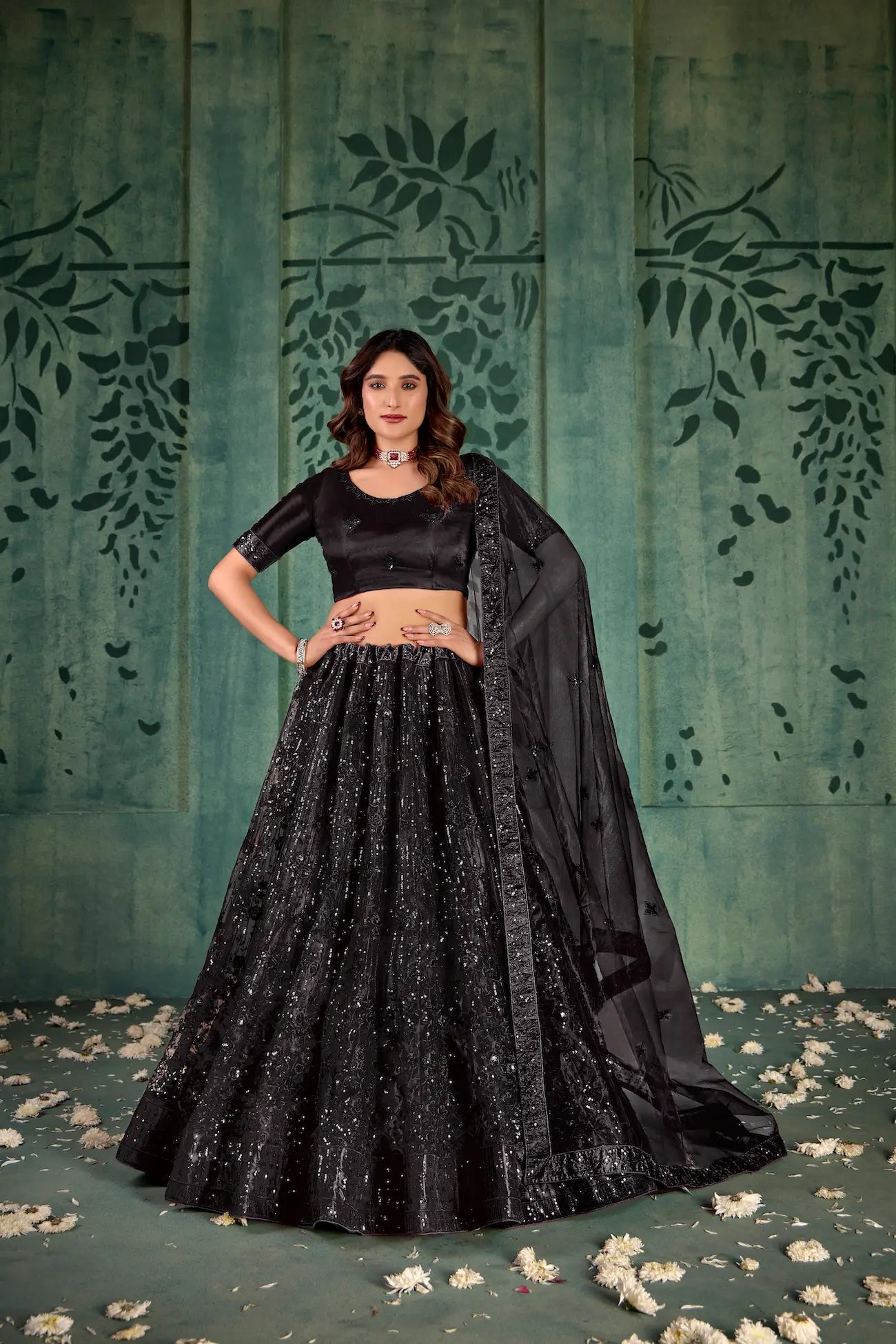Black Net Thread & Sequence Embroidery Work Lehenga Choli