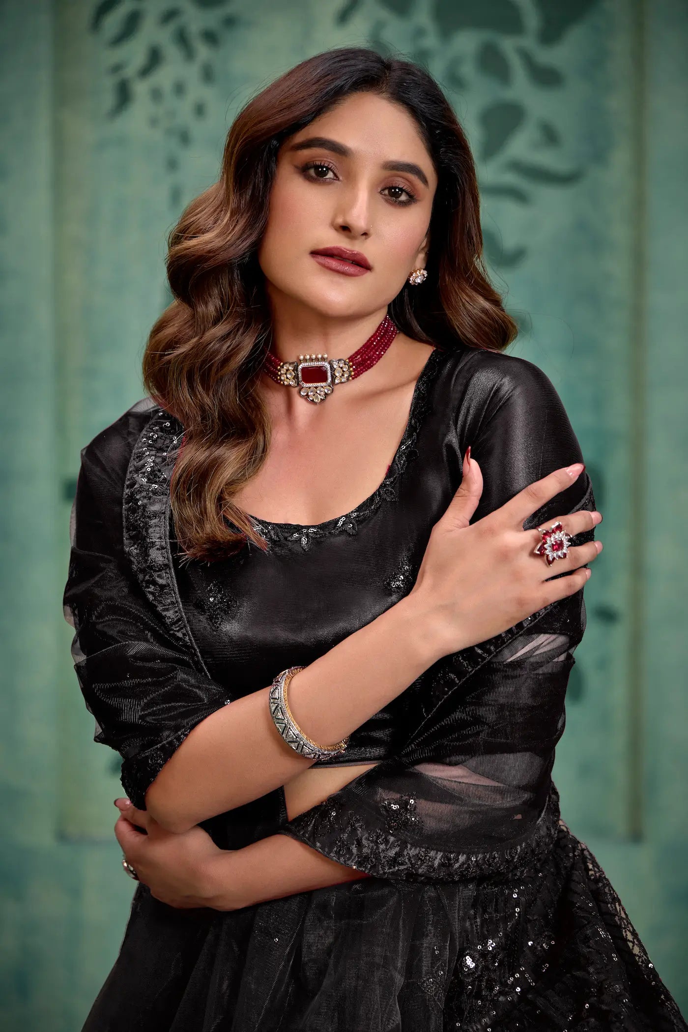 Black Net Thread & Sequence Embroidery Work Lehenga Choli