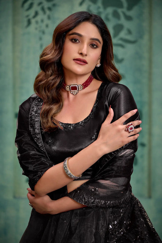 Black Net Thread & Sequence Embroidery Work Lehenga Choli