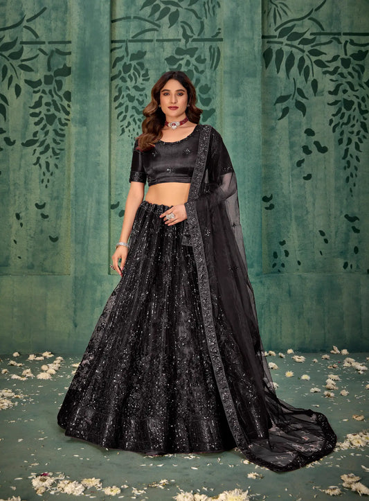 Black Net Thread & Sequence Embroidery Work Lehenga Choli