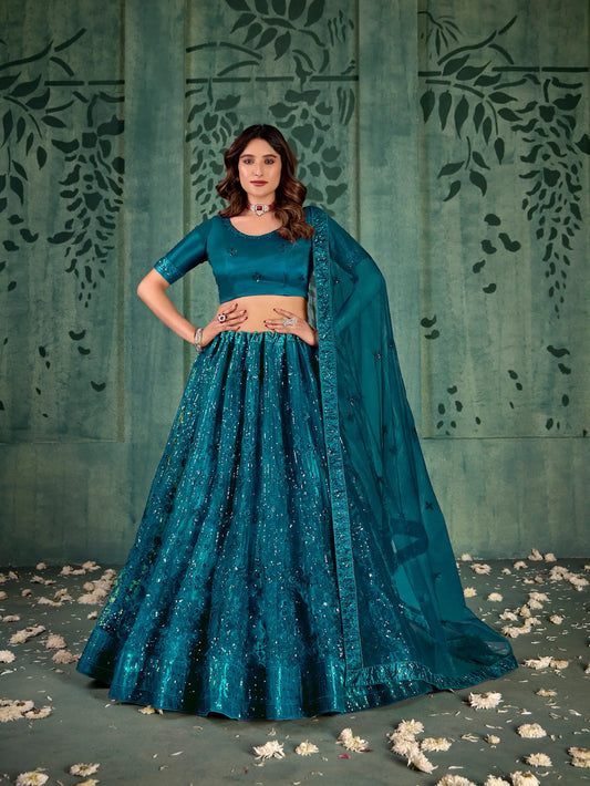 Crystal Teal Net Thread & Sequence Embroidery Work Lehenga Choli