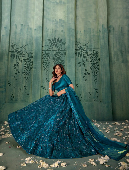 Crystal Teal Net Thread & Sequence Embroidery Work Lehenga Choli