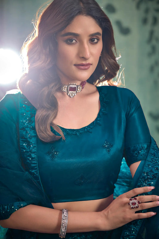 Crystal Teal Net Thread & Sequence Embroidery Work Lehenga Choli