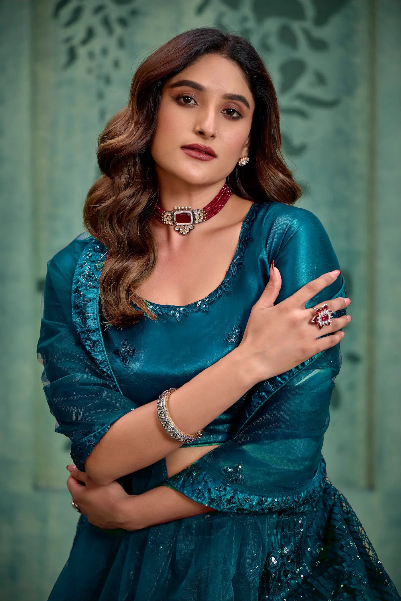 Crystal Teal Net Thread & Sequence Embroidery Work Lehenga Choli