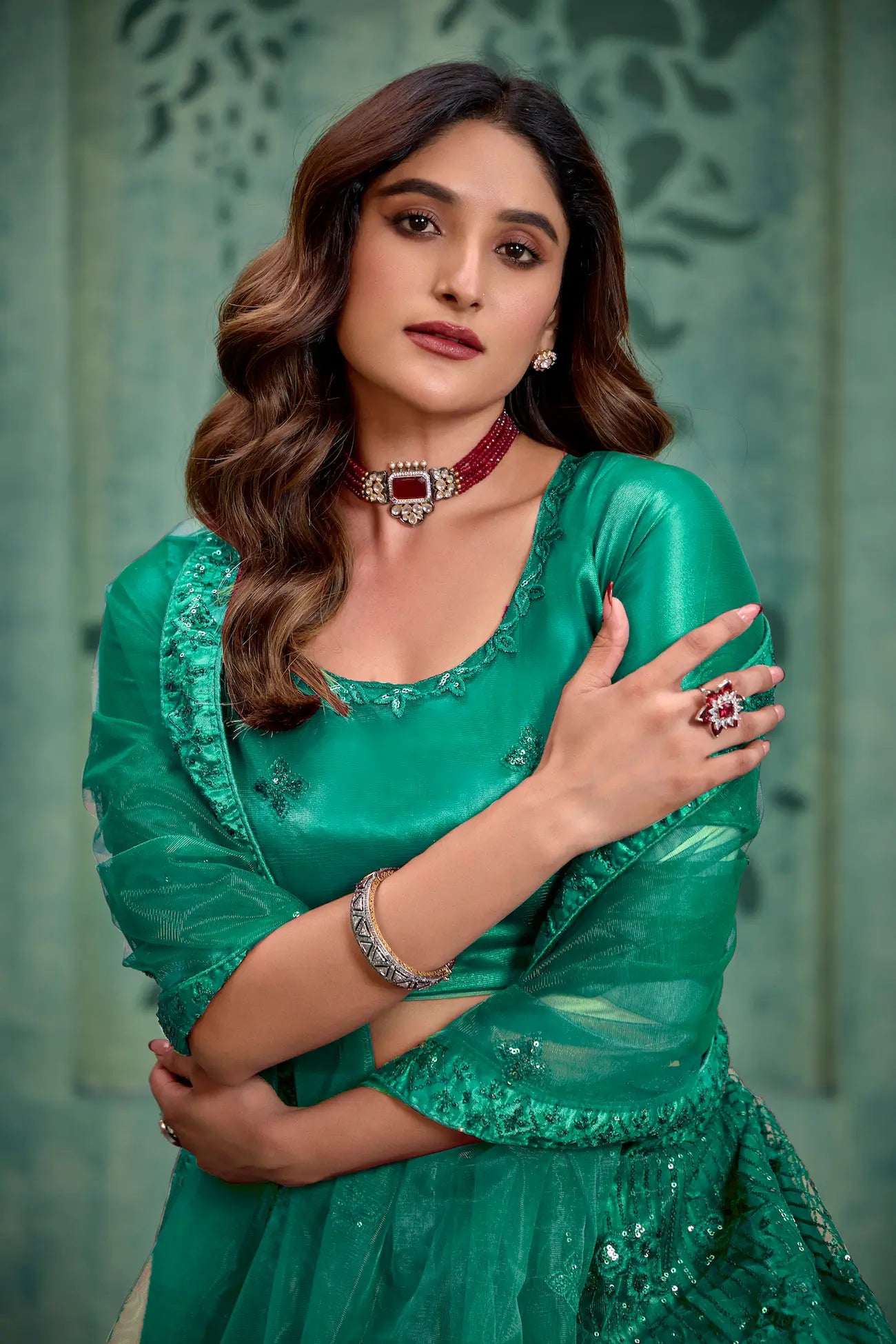 Persian Green Net Thread & Sequence Embroidery Work Lehenga Choli