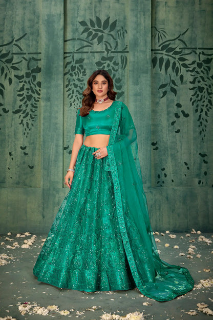 Persian Green Net Thread & Sequence Embroidery Work Lehenga Choli