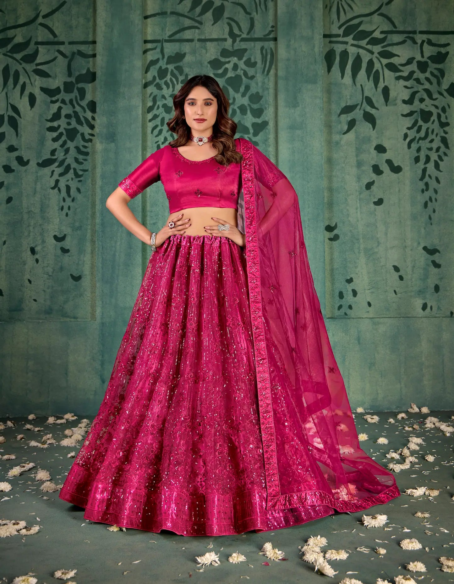 Magenta Pink Net Thread & Sequence Embroidery Work Lehenga Choli