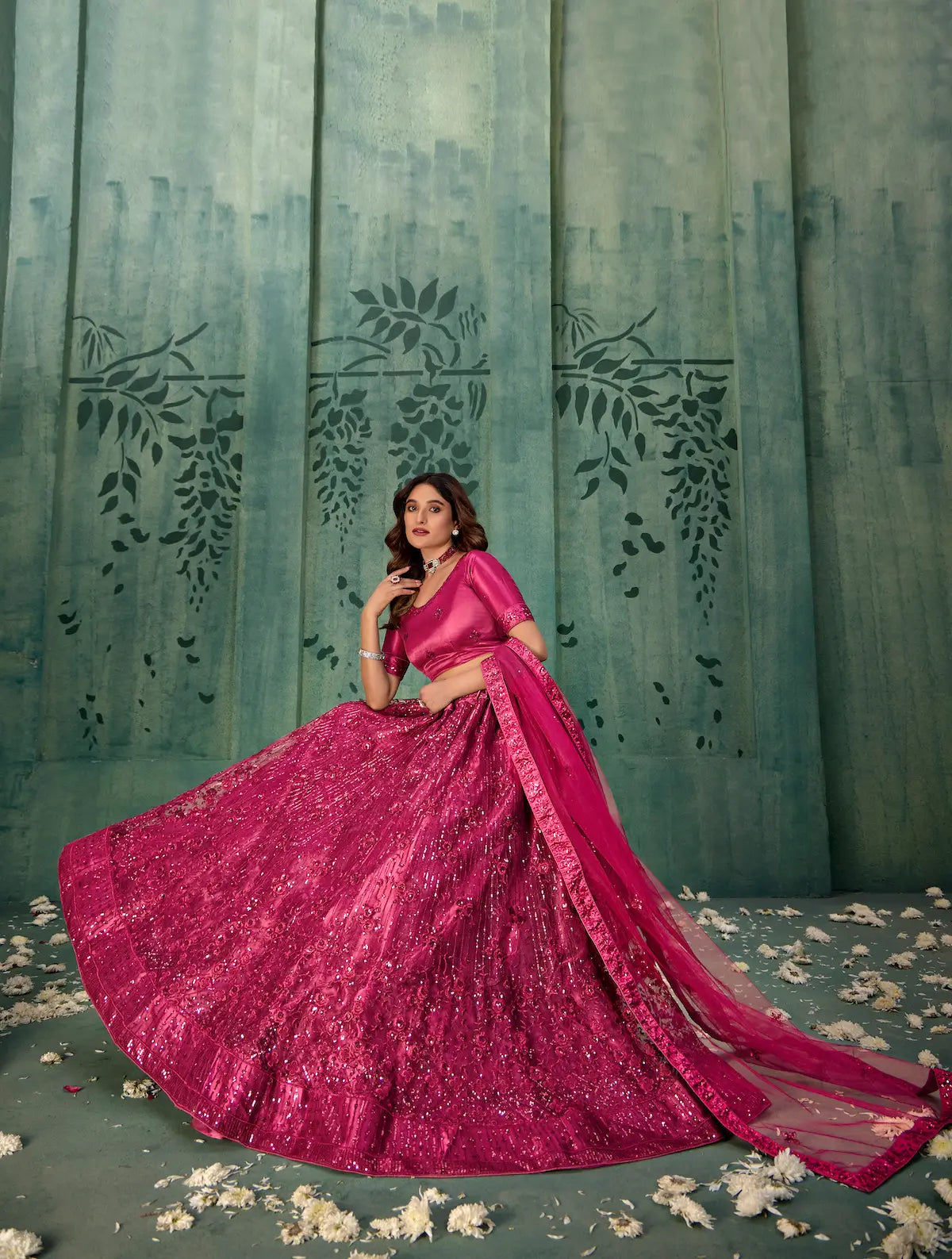 Magenta Pink Net Thread & Sequence Embroidery Work Lehenga Choli