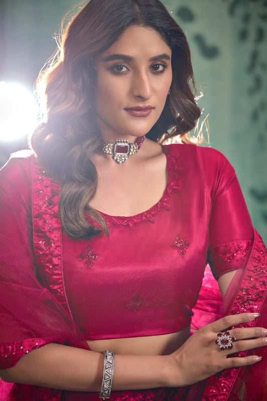 Magenta Pink Net Thread & Sequence Embroidery Work Lehenga Choli