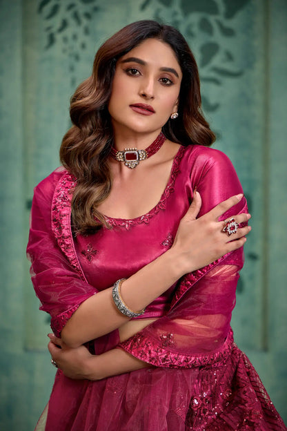 Magenta Pink Net Thread & Sequence Embroidery Work Lehenga Choli