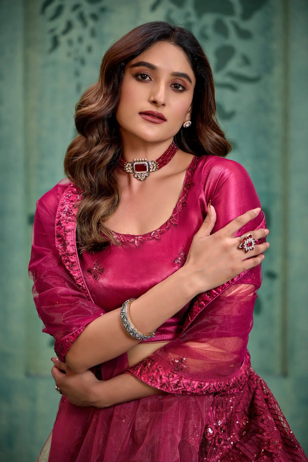 Magenta Pink Net Thread & Sequence Embroidery Work Lehenga Choli