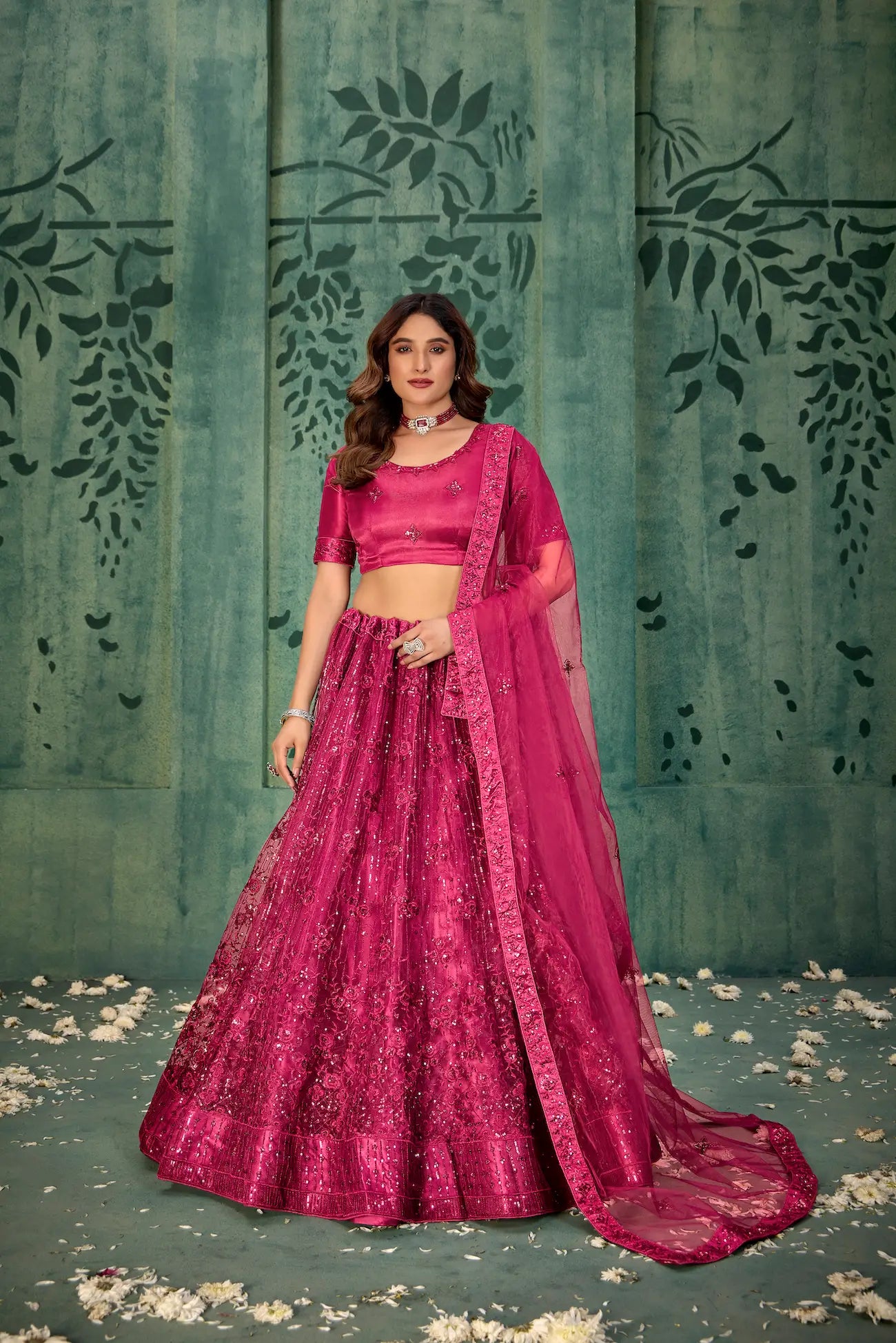 Magenta Pink Net Thread & Sequence Embroidery Work Lehenga Choli
