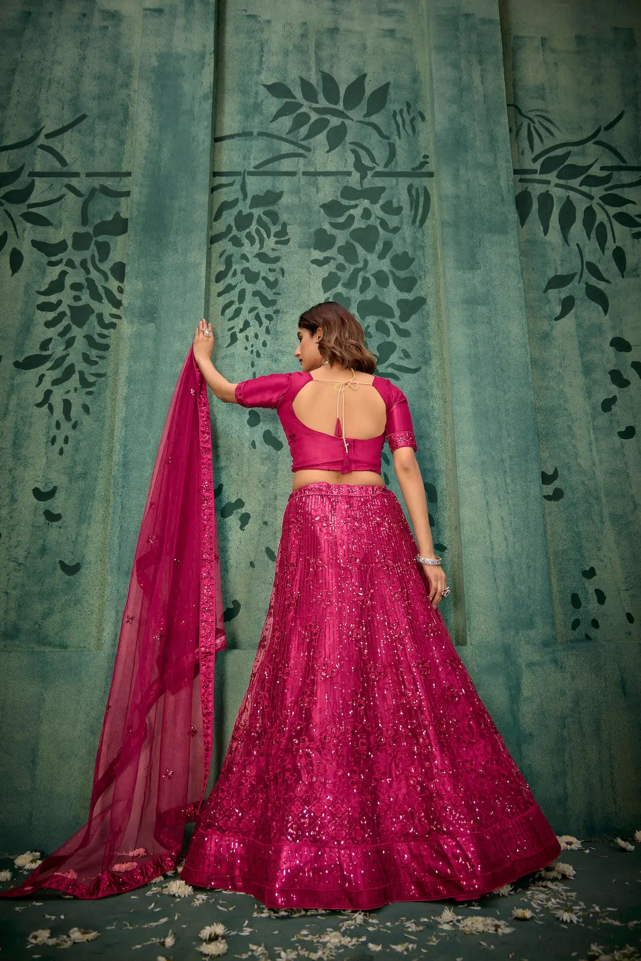 Magenta Pink Net Thread & Sequence Embroidery Work Lehenga Choli