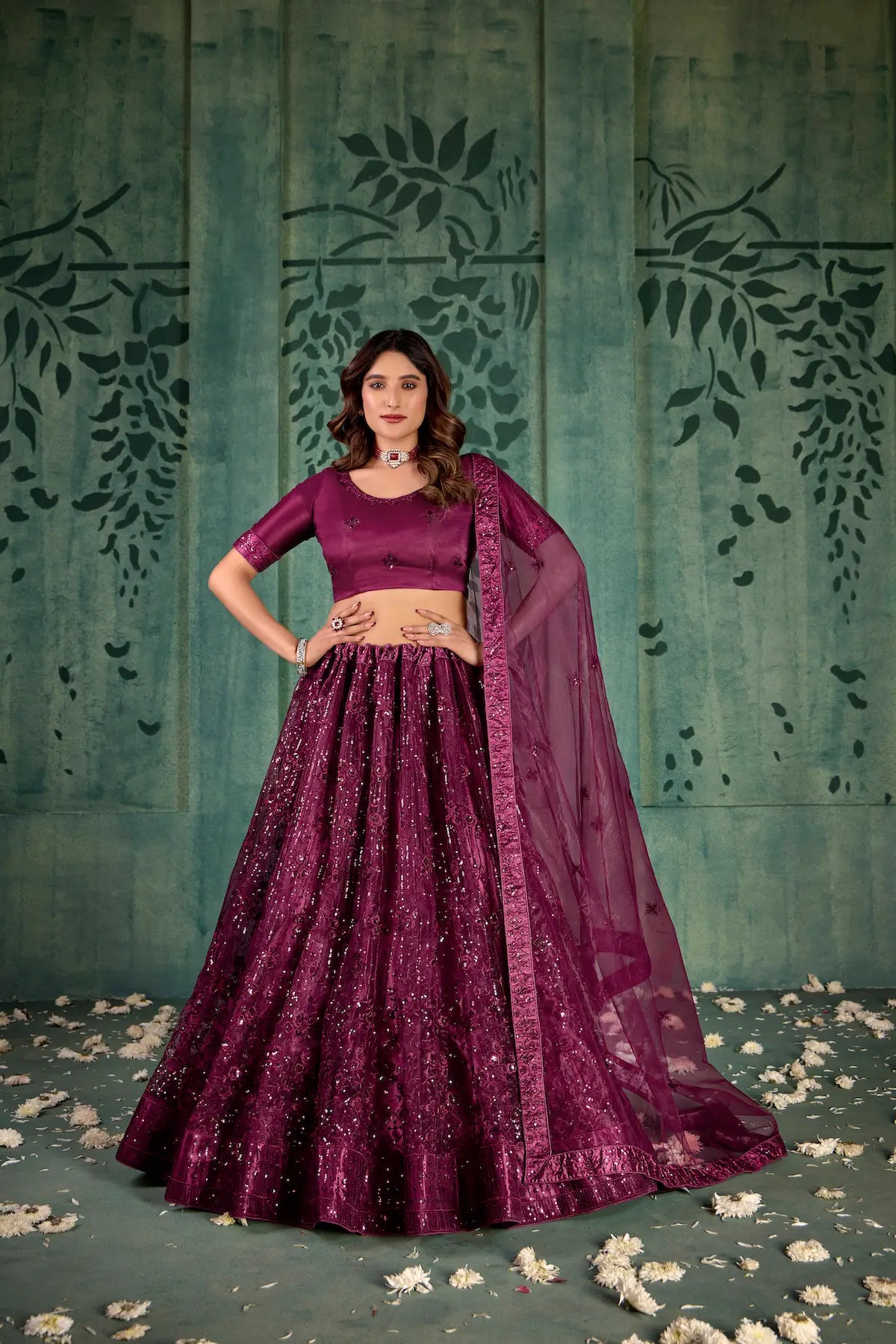 Wine Net  Lehenga Choli With Thread & Sequence Embroidery Work