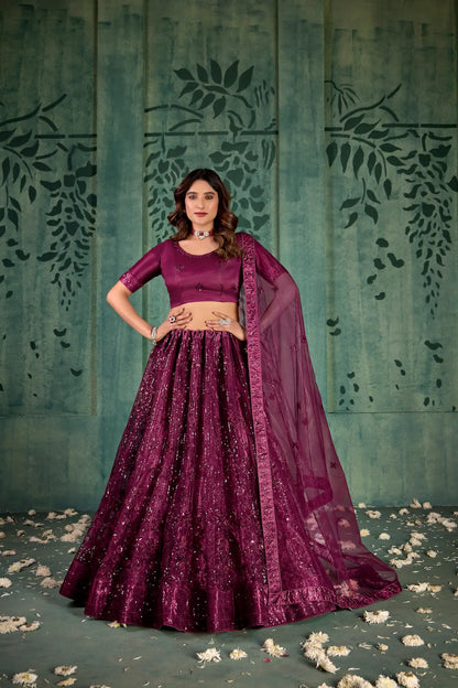 Wine Net  Lehenga Choli With Thread & Sequence Embroidery Work