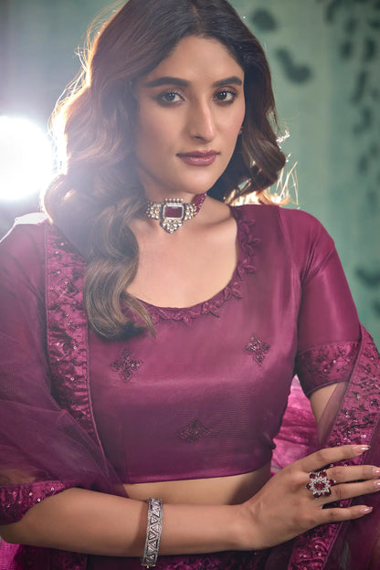 Wine Net  Lehenga Choli With Thread & Sequence Embroidery Work