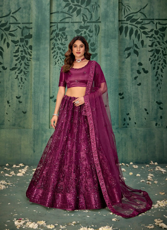 Wine Net  Lehenga Choli With Thread & Sequence Embroidery Work