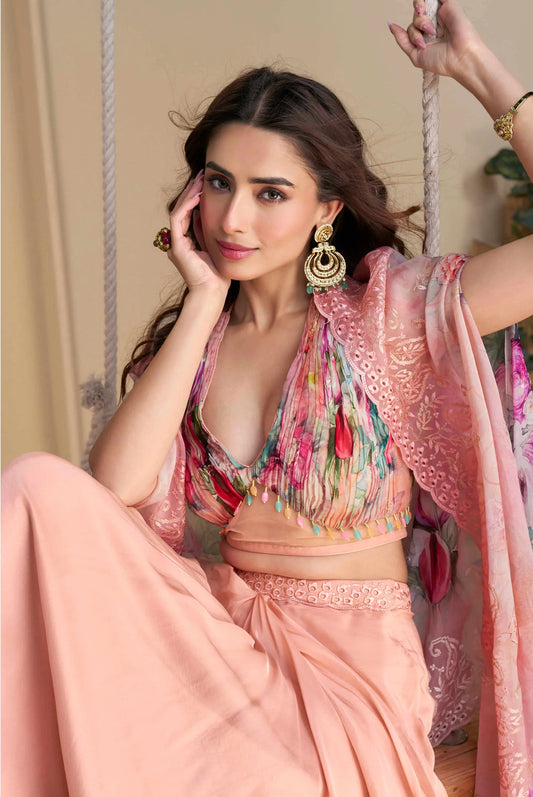 Peach Pink Embroidered Indo Western Set