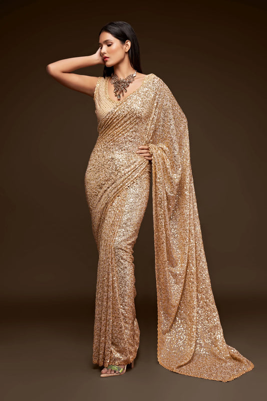 Ancient Ivory Georgette Saree with Thread And Multiple Sequins Embroidery Work