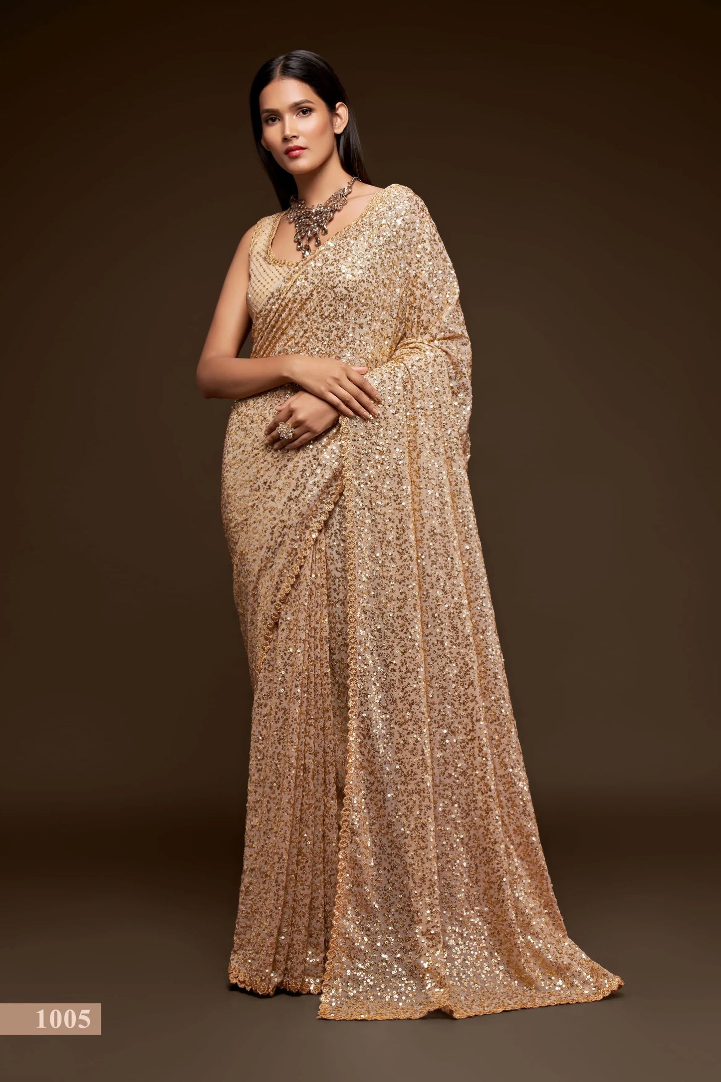 Ancient Ivory Georgette Saree with Thread And Multiple Sequins Embroidery Work