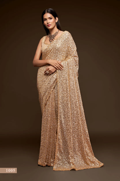 Ancient Ivory Georgette Saree with Thread And Multiple Sequins Embroidery Work