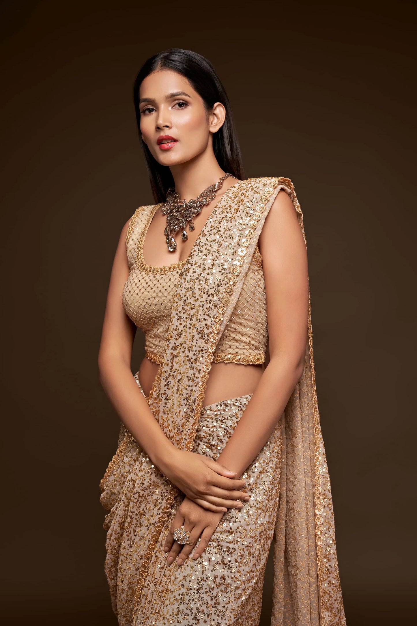 Ancient Ivory Georgette Saree with Thread And Multiple Sequins Embroidery Work