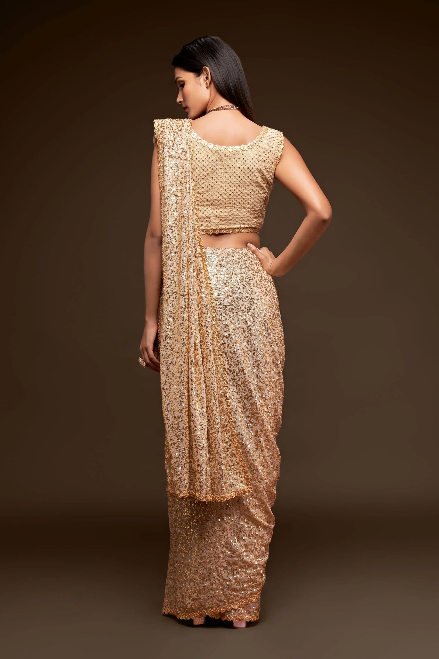 Ancient Ivory Georgette Saree with Thread And Multiple Sequins Embroidery Work