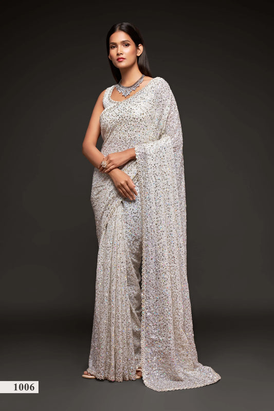 Pearl White Georgette Saree with Thread And Multiple Sequins Embroidery Work