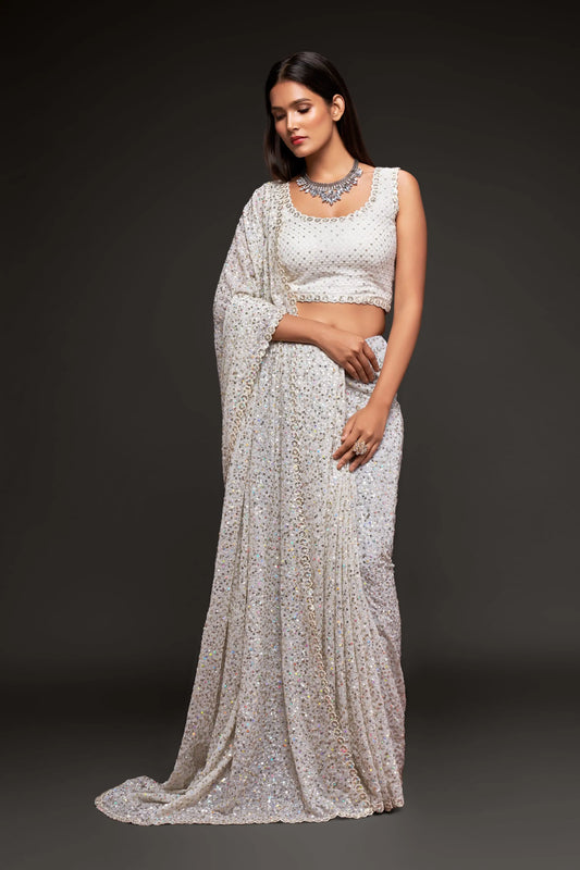 Pearl White Georgette Saree with Thread And Multiple Sequins Embroidery Work