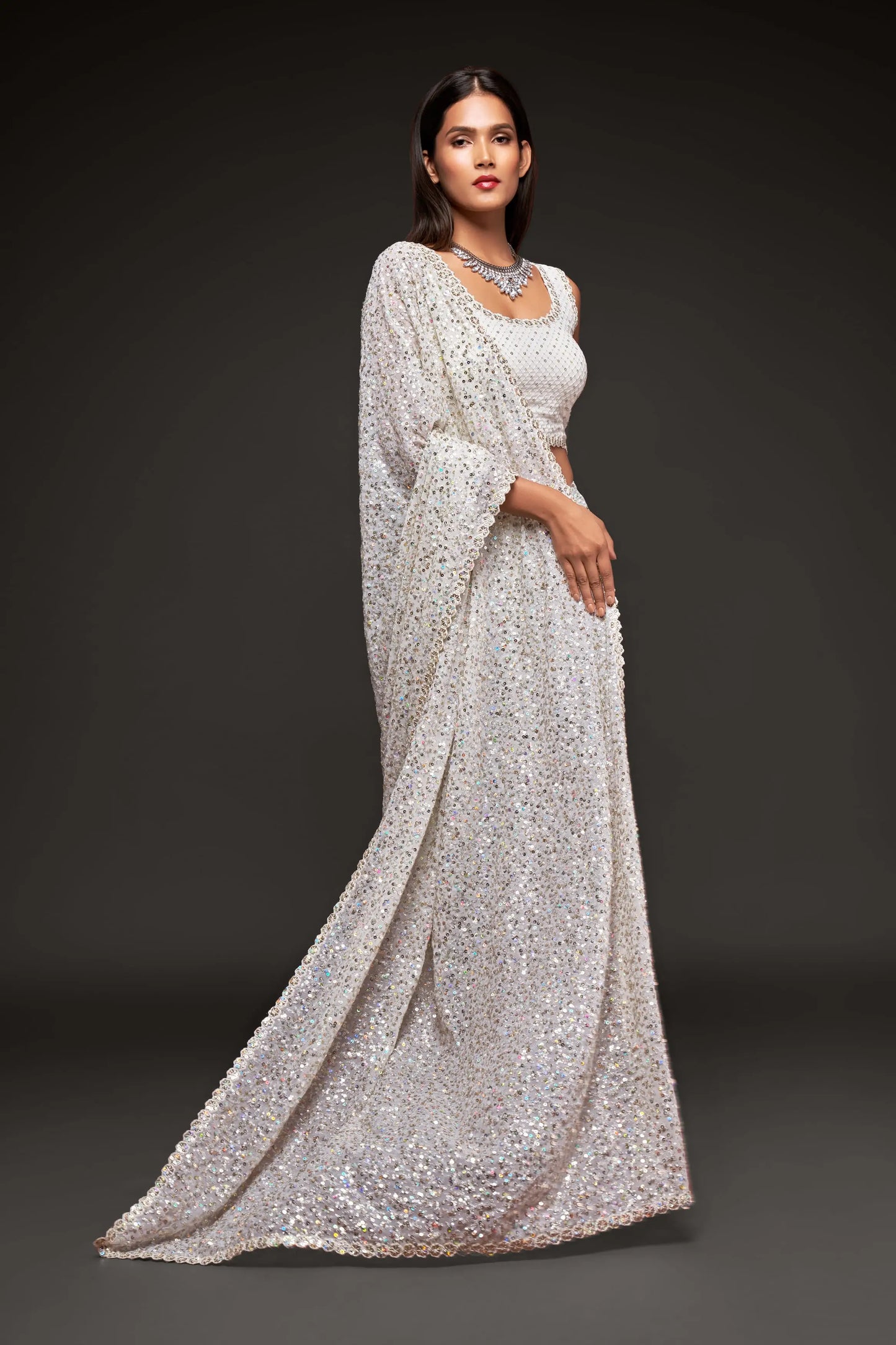 Pearl White Georgette Saree with Thread And Multiple Sequins Embroidery Work
